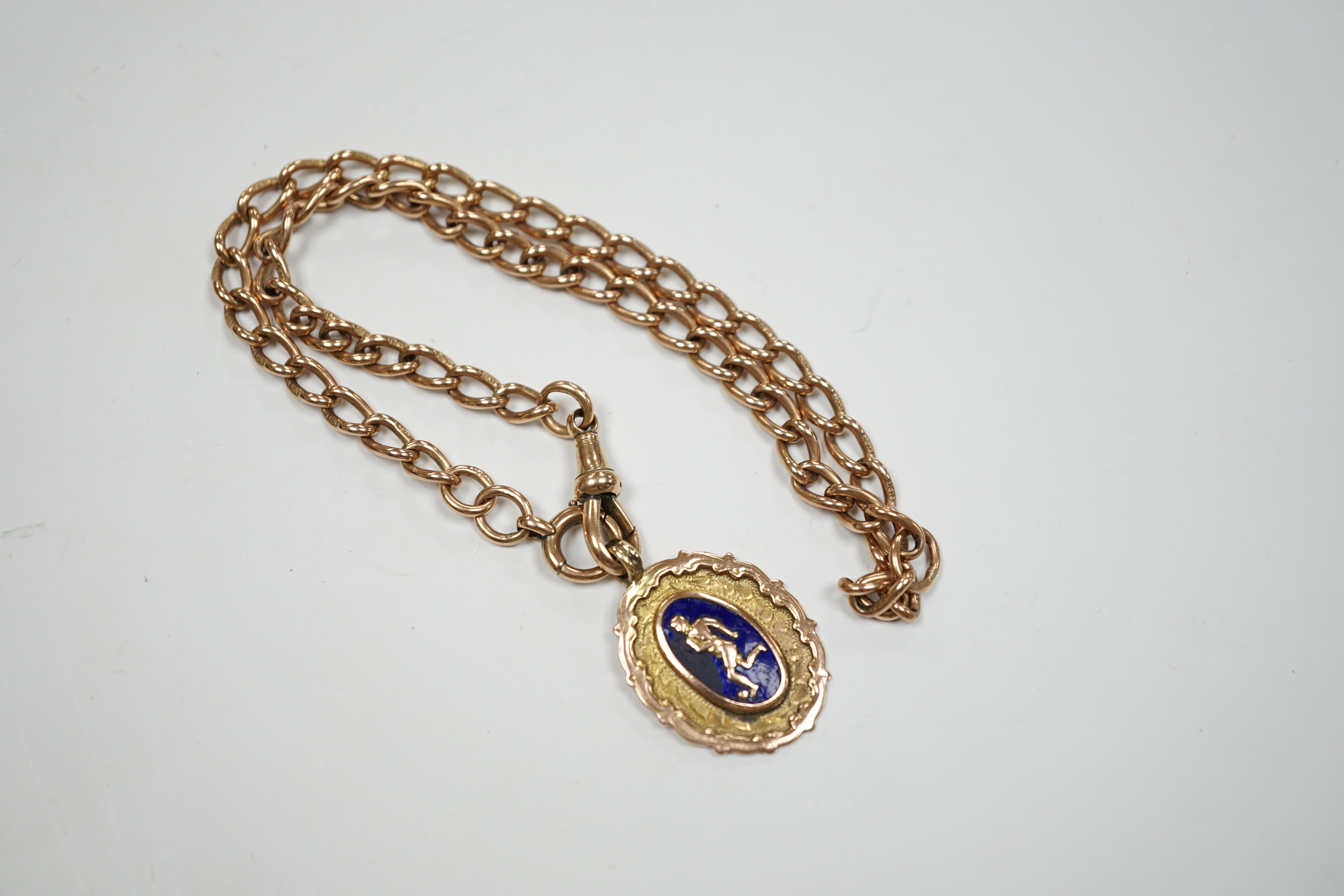 A 9ct gold albert, 38cm, hung with a 9ct gold and enamel football related medal engraved 'L .&. D F.A. Runners Up 1928-9', gross weight 28.9 grams.